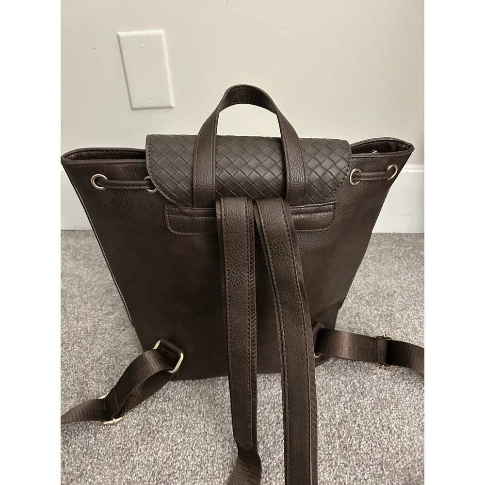 Catherine Malandrino Backpack Womens OS Brown New Woven Faux Leather Drawstring